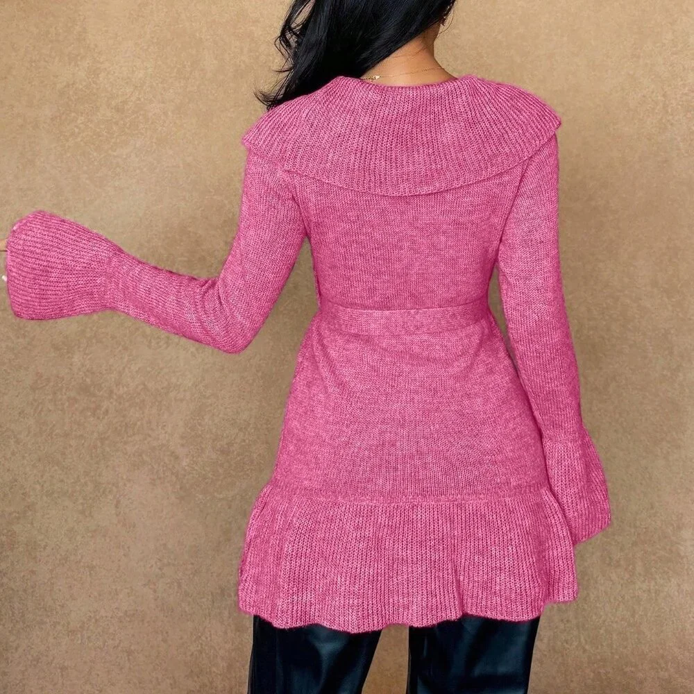 Pink Casual Women's Tie-Front Cardigan - Picture 2 of 5